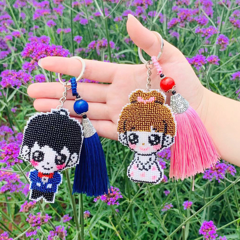 印花十字绣可爱卡通萌小q新郎新娘结婚情侣全珠绣钥匙扣手机挂件