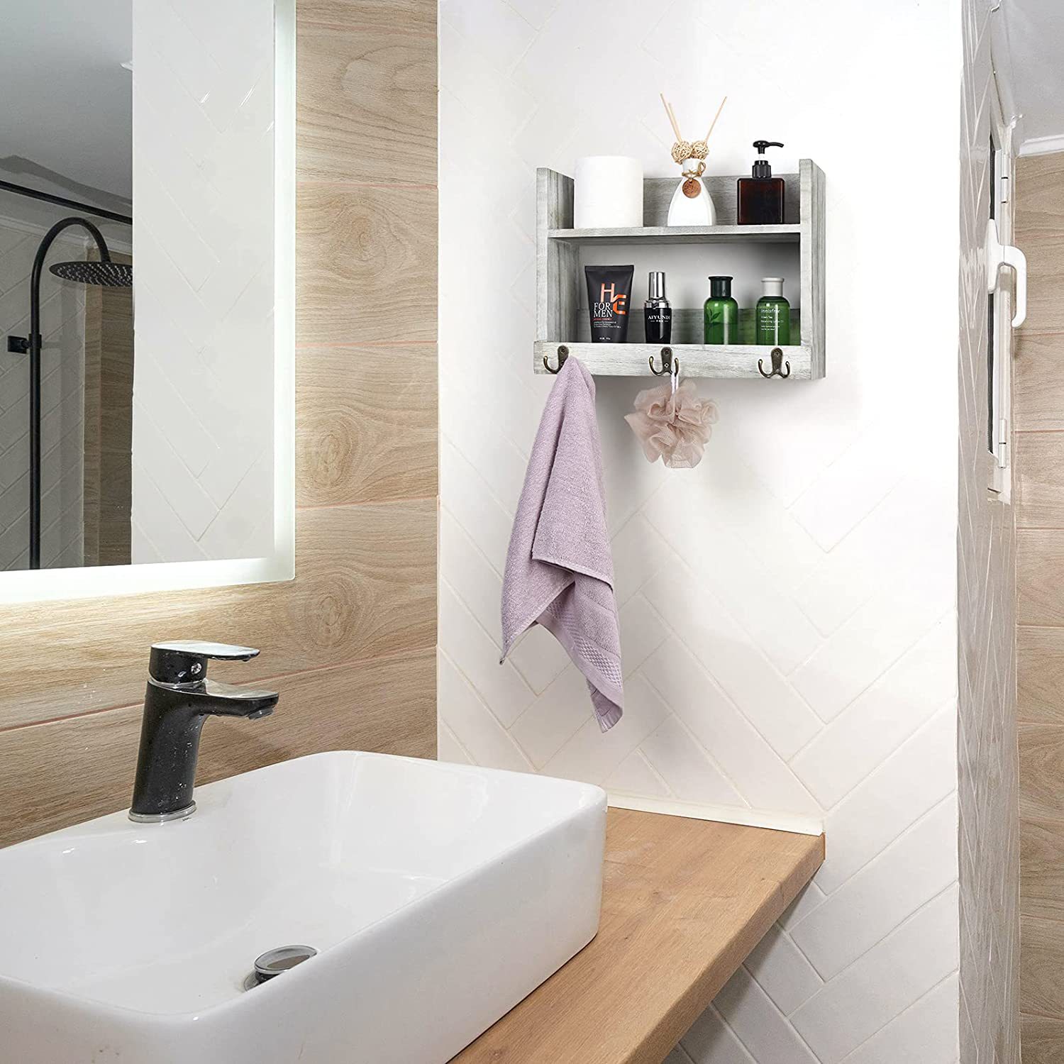 浴室挂钩毛巾架 木质壁挂式置物架 现代简约卫生间置物收纳