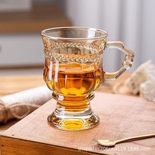 复古浮雕玻璃杯轻奢把杯欧式咖啡拿铁杯北欧浮雕珠点透明杯饮水杯