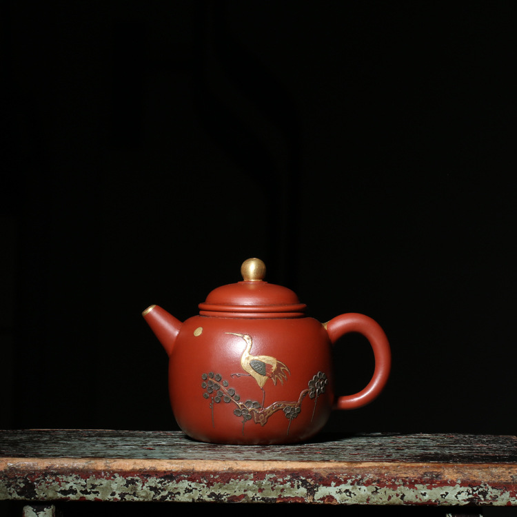 早期紫砂老茶壶一厂徒工班周桂珍款鲍尊壶泥绘描金台湾回流大红袍