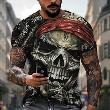 2024夏季跨境新款3D印花骷髅恶魔个性 大码男款圆领短袖休闲T恤