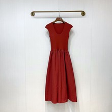 南油高端夏季气质通勤韩版中长裙红色高腰棉拼接收腰纯色连衣裙