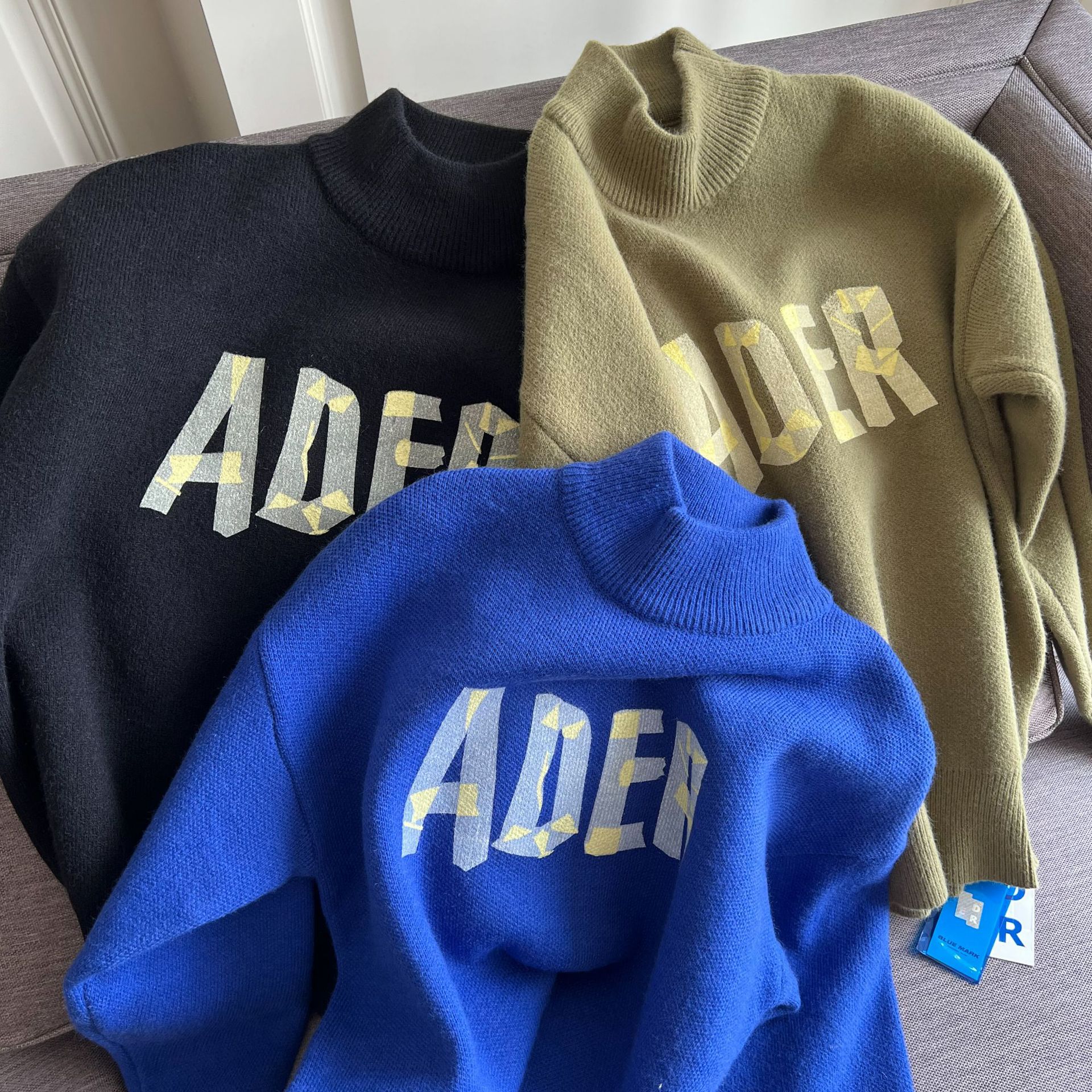 潮牌ader胶带字母折纸印花毛衣慵懒风秋冬季高领针织衫男女同款