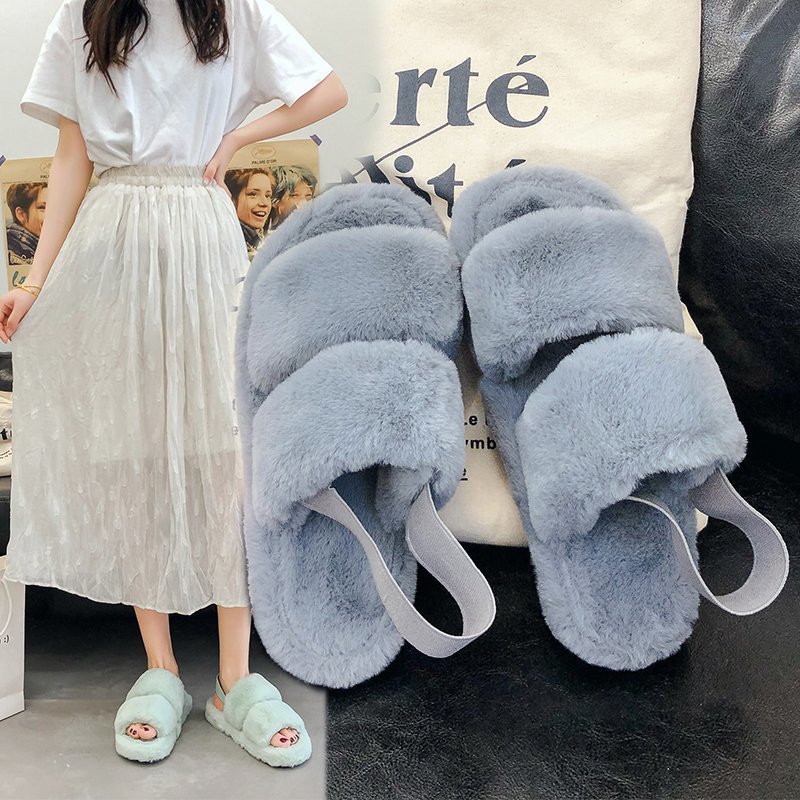 2022 new korean style autumn fluffy slippers women‘s fashion all-matching bridled shoes women‘s home can be worn outside