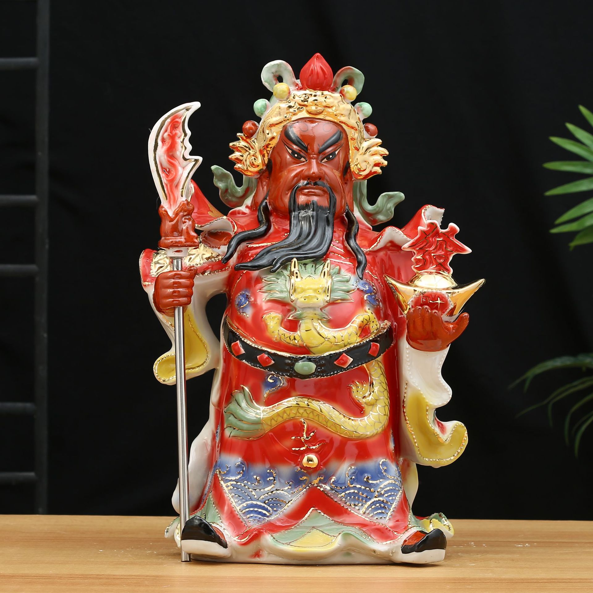 陶瓷立刀关公绿衣红衣五彩武财神