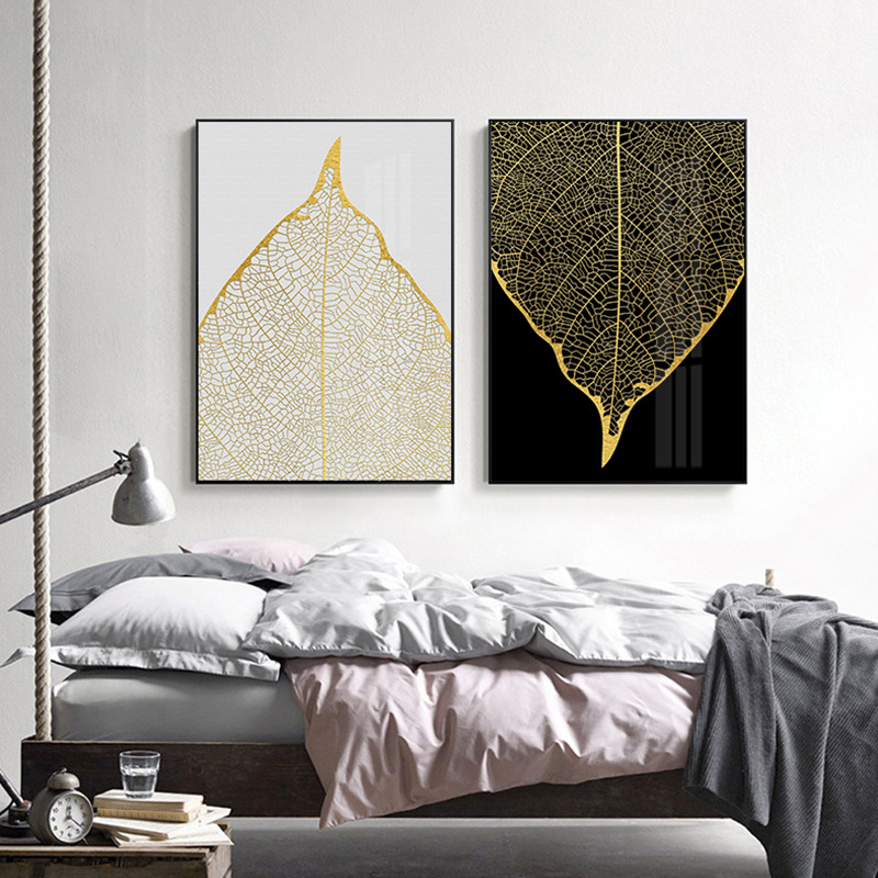 现代简约客厅鎏金菩提叶轻奢竖版壁画 玄关走廊抽象创意植物挂画