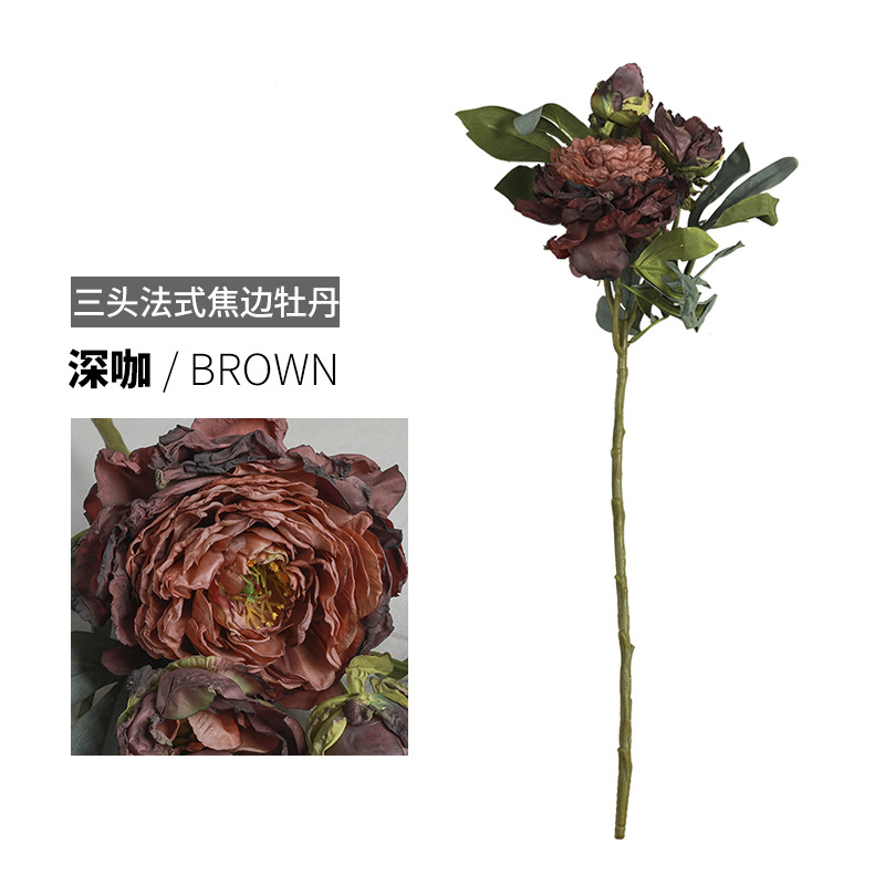 Artificial Flower And Artificial Plant  Simulation Three-Head French-Style Burnt Edge Peony Living Room Home Decoration Simulation Fake Flower Flower Arrangement Ornaments