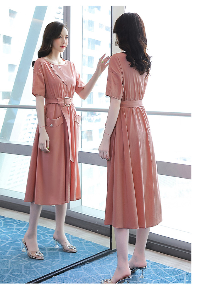 中长款连衣裙女2021年新款夏装大摆裙收腰显瘦气质连衣裙送腰带潮