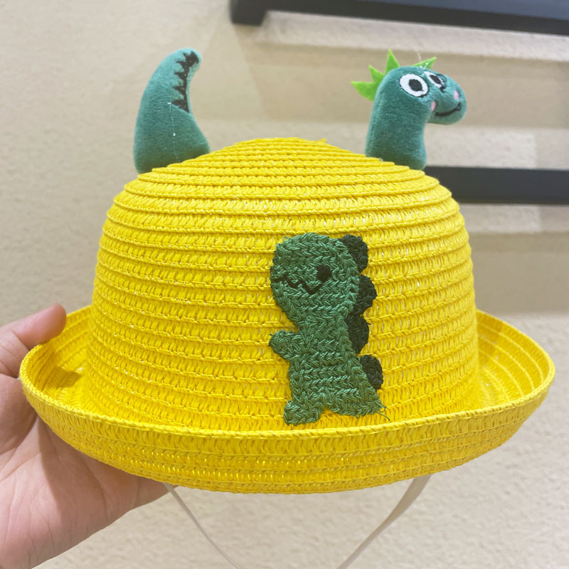 Cute Children's Straw Hat Children's Summer Korean Style Sun-Proof Baby Sun Hat Boy Dinosaur Cartoon Bucket Hat
