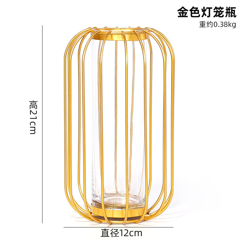 Factory Wholesale European-Style Golden Lantern Iron Vase Ins Creative Home Living Room Glass Hydroponics Decorative Ornaments