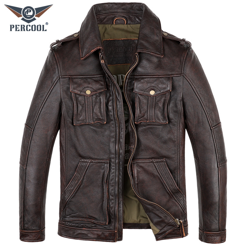 猎装真皮皮衣男头层纯牛皮机车皮夹克做旧青年翻领短款单皮外套潮