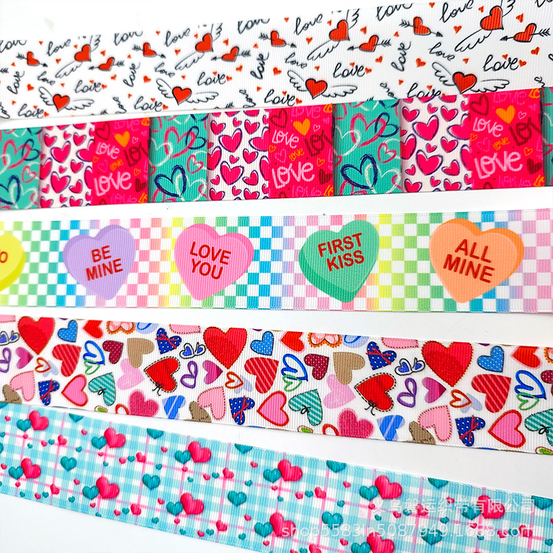 Cross-Border 4cm Love Heart Ribbed Band Thermal Transfer Valentine's Day Digital Printed Ribbon Bow Printing Polyester Belt