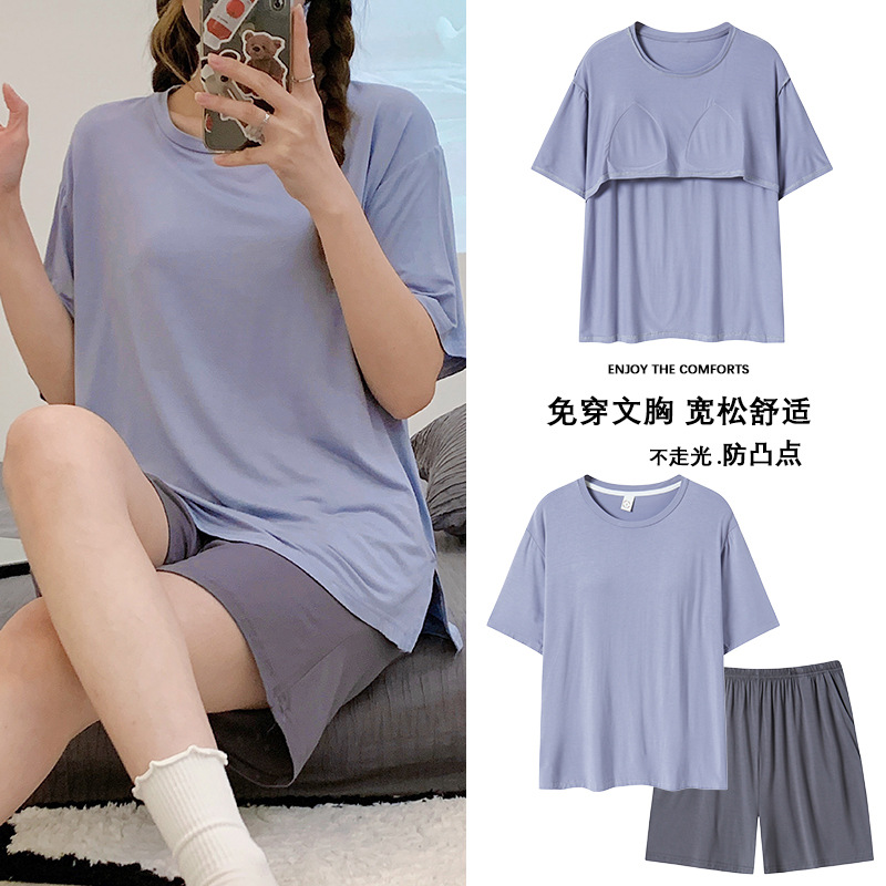2024 short sleeve pajamas women‘s summer thin cotton home wear with chest pad nipple coverage suitable for daily wear suit cross-border