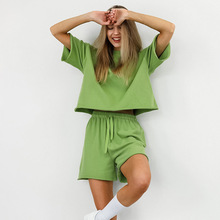 春季绿色短袖短裤休闲运动套装2024欧美新款时尚跨境批发两件套女