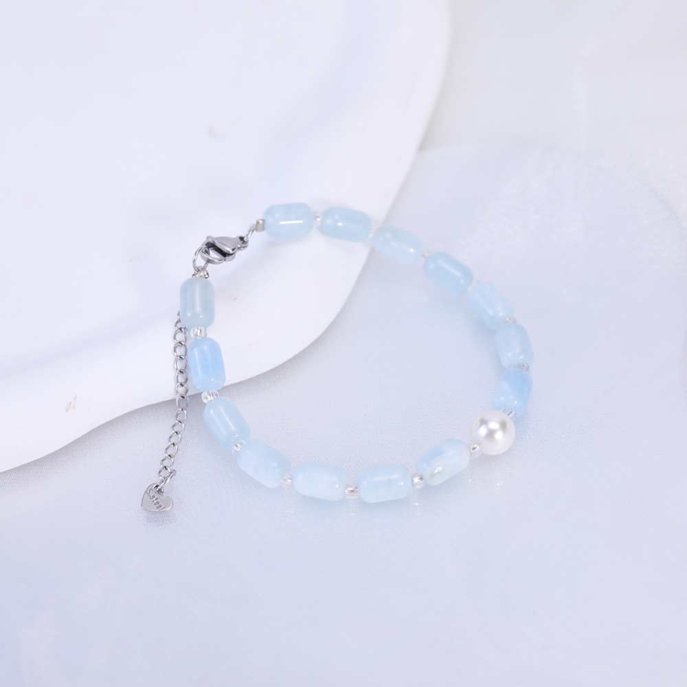 夏季蓝色手链 珍珠碎石拼接手链 天然水晶珍珠手串海蓝宝手链套装