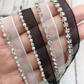 新品单边纱带珍珠钻链 服装衣领辅料配件织带 水钻花边带网纱链带