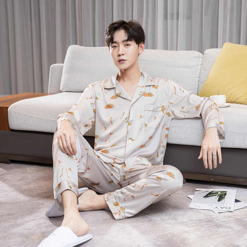 新款韩版男士冰丝长袖长裤仿真丝睡衣男明星同款大码家居服两件套