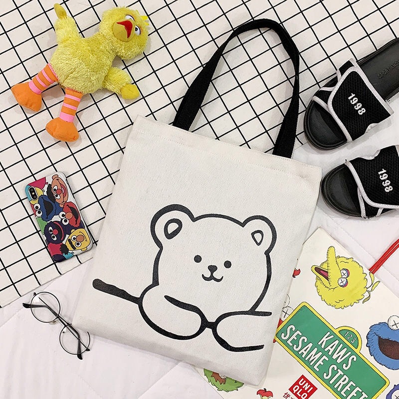 Korean Ins Large Capacity Canvas Bag Female Student Handbag for Class College Style All-Match and Cute Little Bear Shoulder Bag