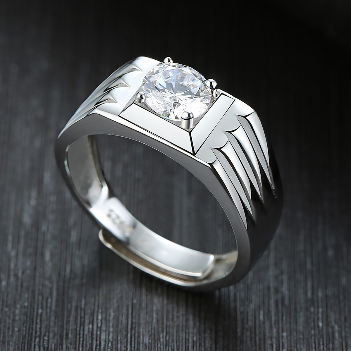 时尚型男霸气开口银戒指仿钻石三斜杆男戒指精致奢华富贵戒指银饰