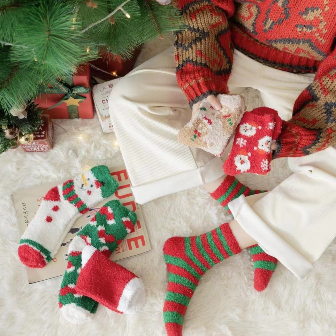 Coral Fleece Socks Women's Autumn and Winter Thickened Christmas Style Red Half Velvet Socks Adult Home Floor Sleeping Socks