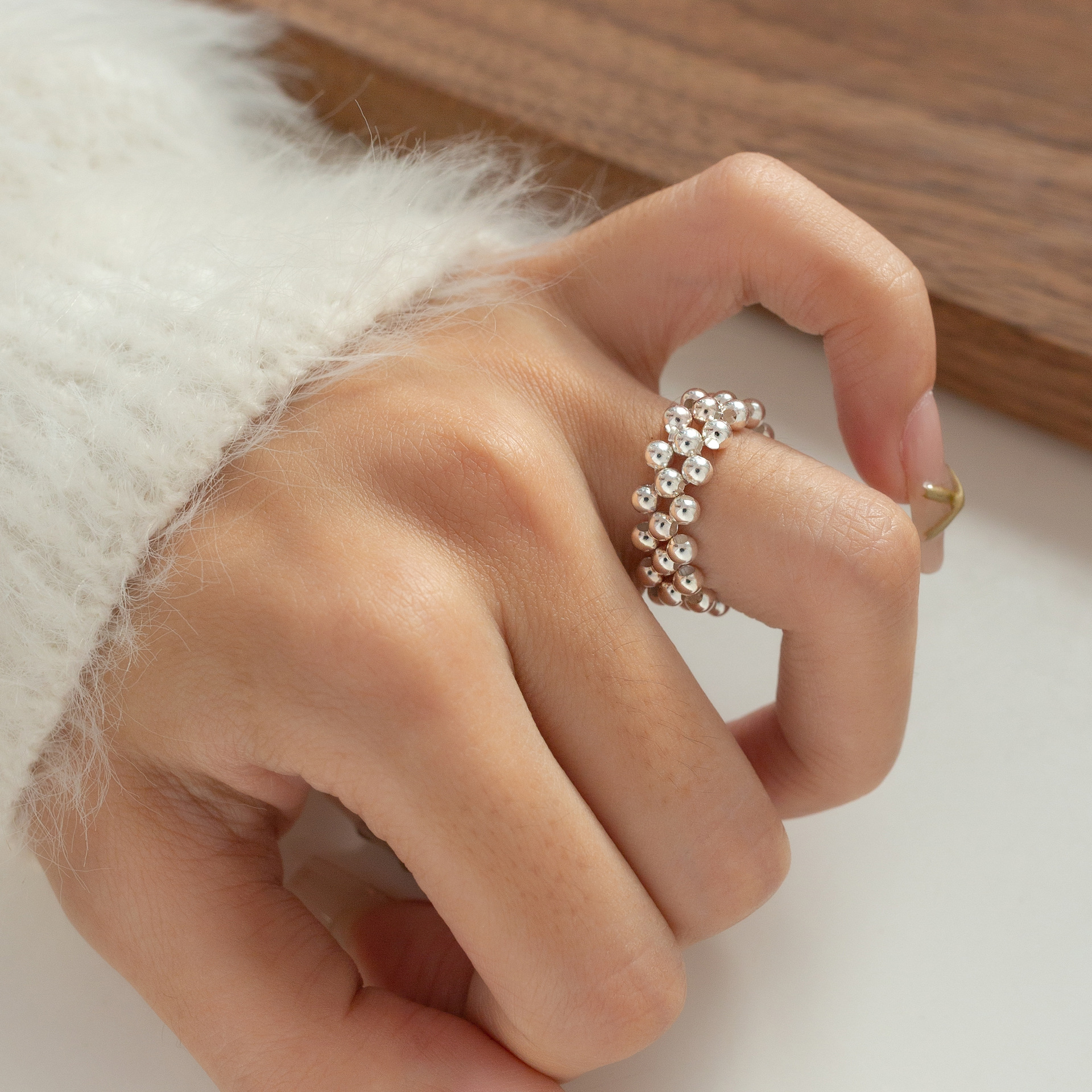 s925银手工编织表带戒指多层圆珠银珠串珠弹力绳设计指环r00481