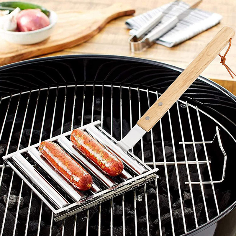 Cross-Border Hot Dog Rack Sausage Barbecue Grill with Wooden Handle Bbq Hot Dog Rack Wholesale Stainless Steel Hot Dog Rack