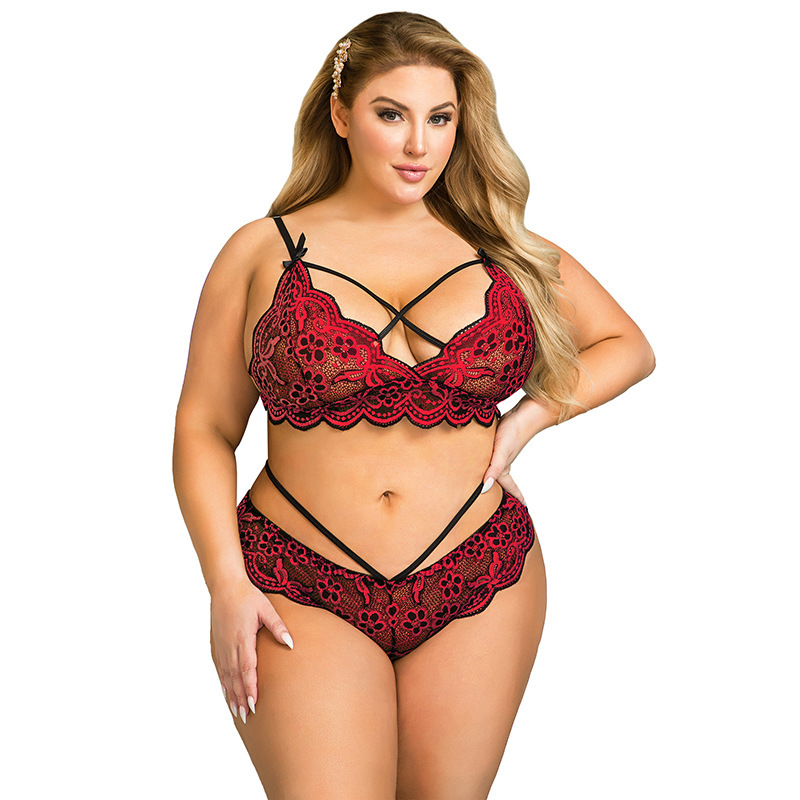 European and American Foreign Trade plus Size Sexy Lingerie Lace Cross Belt Embroidered Decoration Sexy Bra Set Wholesale Supply