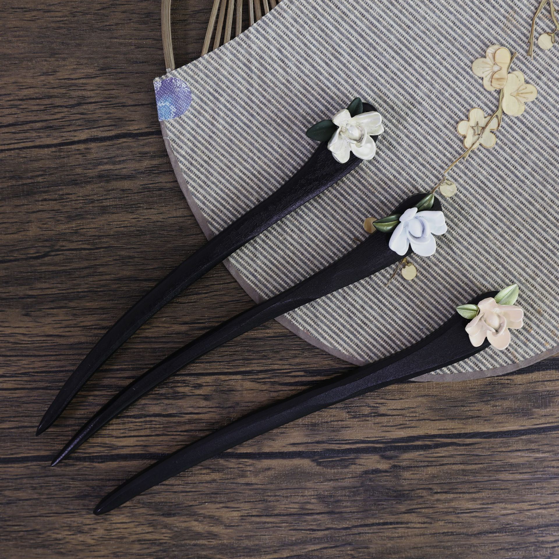 古凤简约发簪丸子头饰发饰复古木制簪子栀子花发簪旗袍簪子