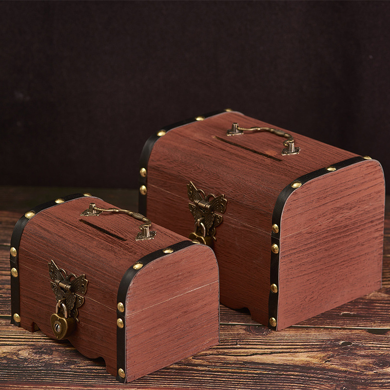 children‘s solid wood coin bank coin bank large capacity tiktok same style treasure chest storage tank vintage lock