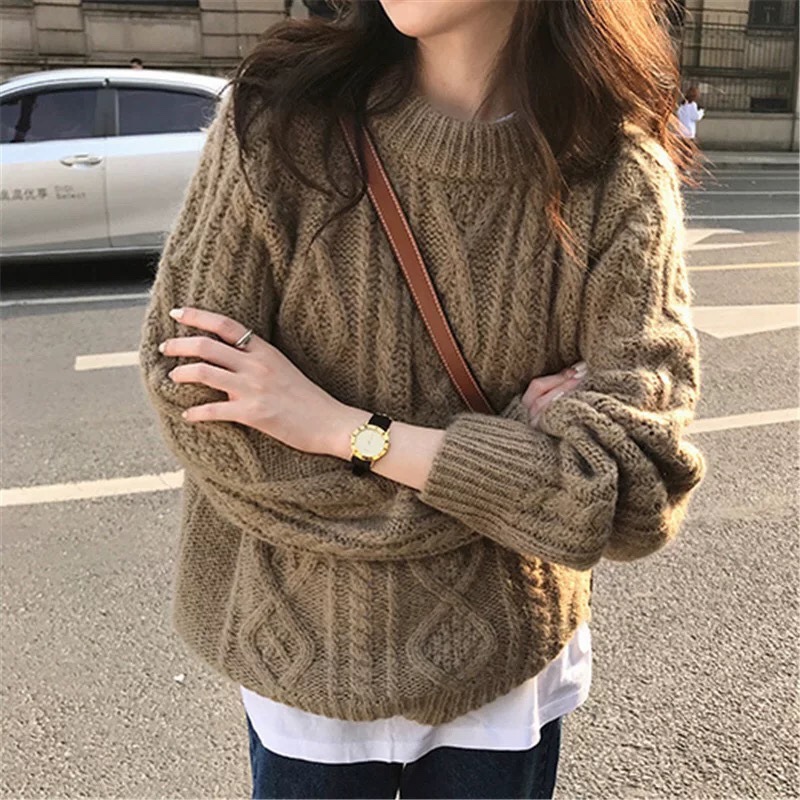 棕色麻花毛衣女秋冬2022新款慵懒风打底内搭圆领套头针织上衣外穿