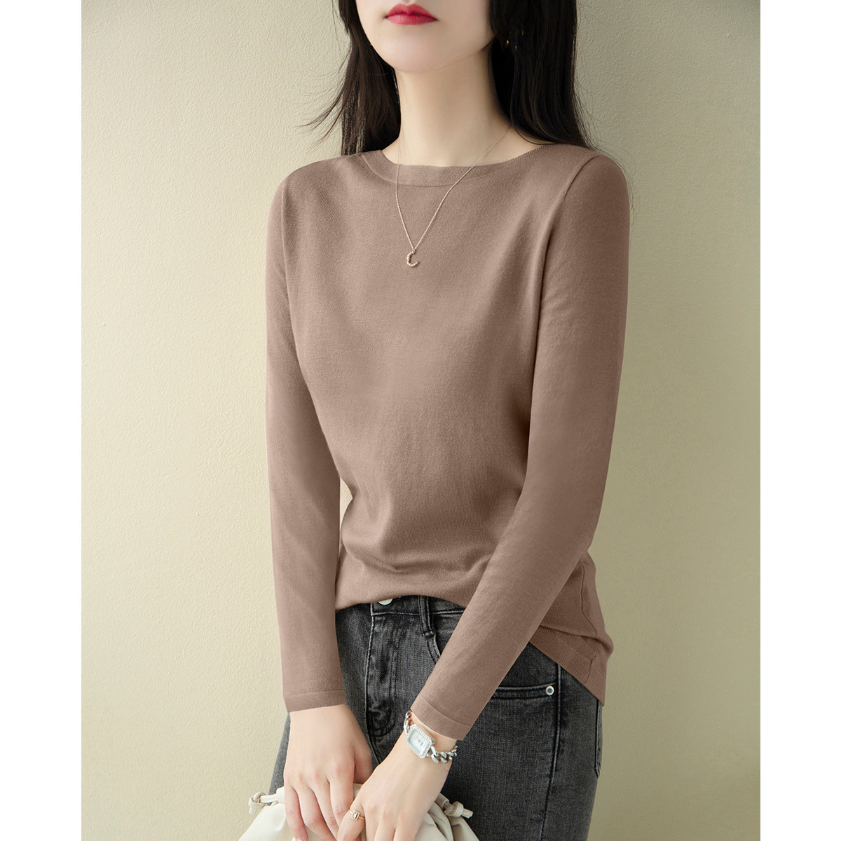 2023 New Spring and Autumn French Simplicity off-Shoulder Collar Sweater Long Sleeves Inner Wear Slim Fit Slim Looking Base Sweater