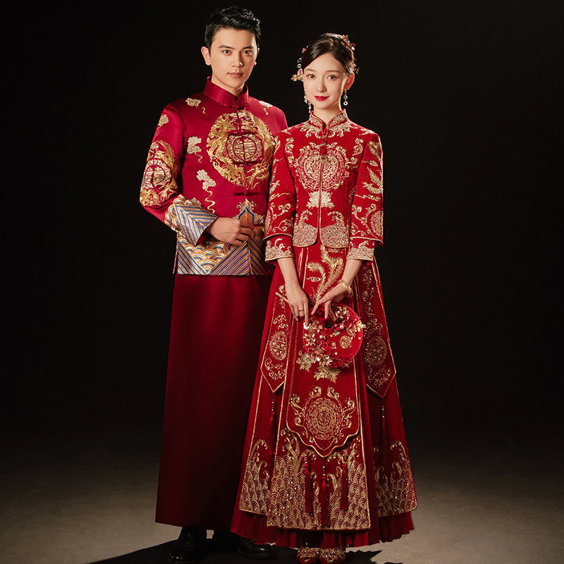 秀禾服男马褂式中式新郎装新款结婚礼服情侣套装敬酒服接亲服