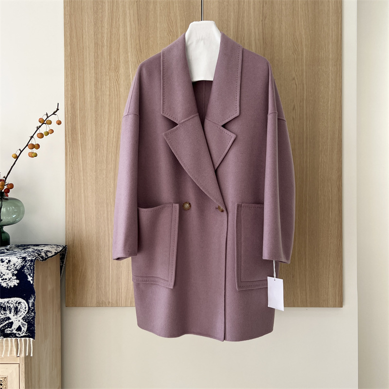 现货 篙级感手缝线西服领廓版贴口袋中长纯绒双面羊绒大衣7763