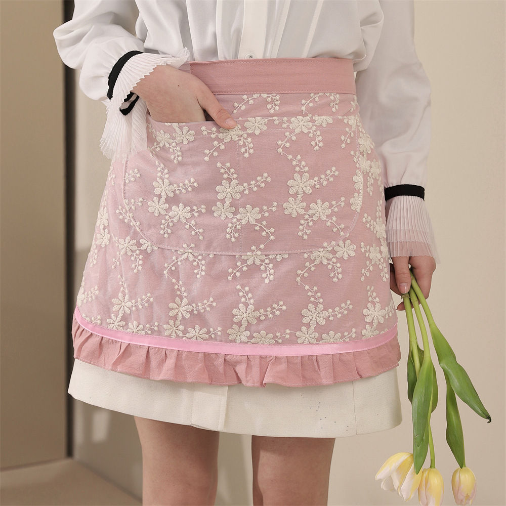 幼儿韩腰画室家用围绣花时尚批发款半身版厨房围裙半截大口幼儿园