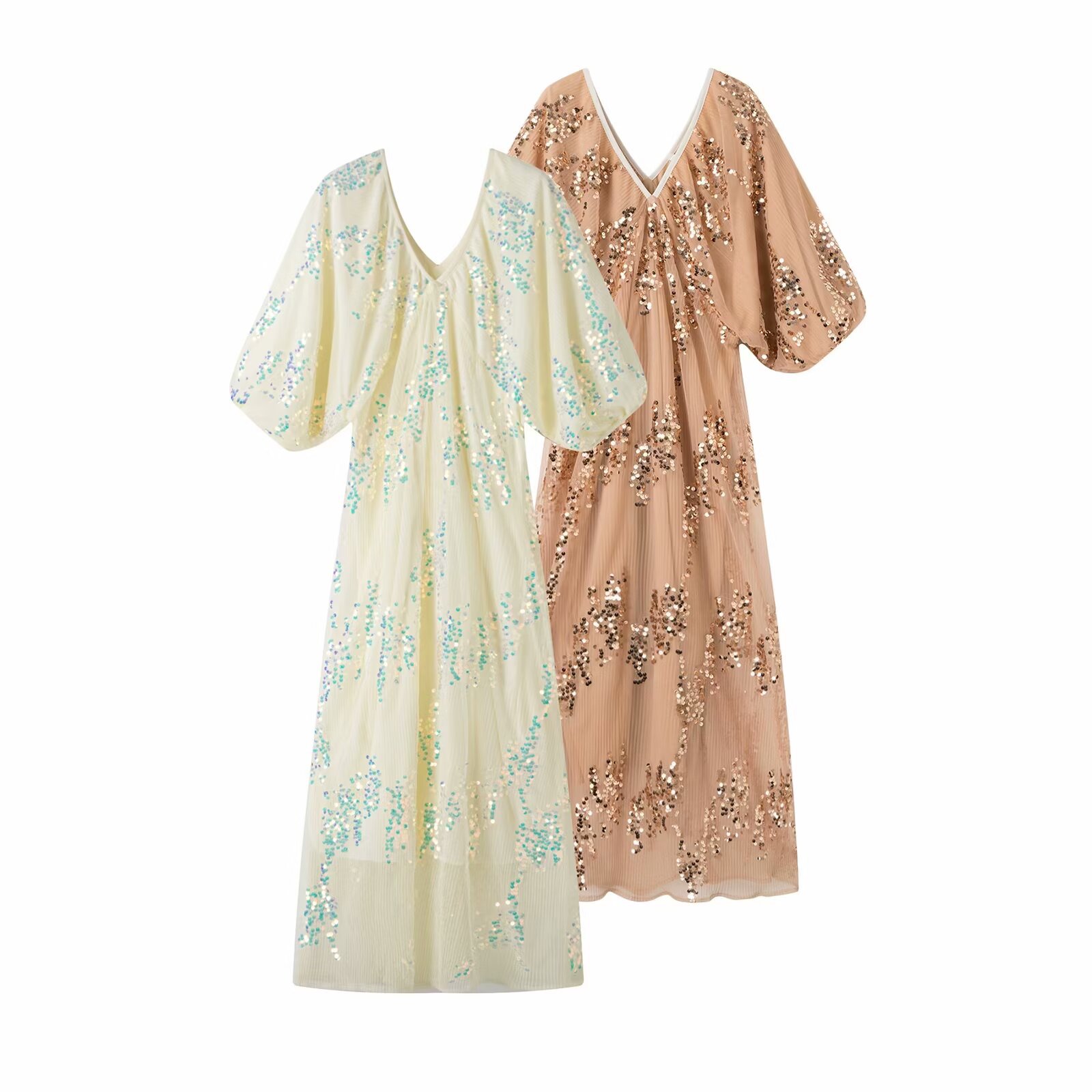 za女装批发 韩版气质蝙蝠袖深v领重工亮片连衣裙2024新款仙女裙