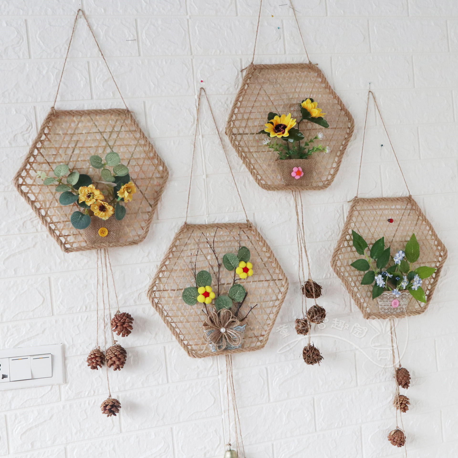 竹网挂饰幼儿园环创装饰材料森林系田园风创意手工麻绳竹制品吊饰