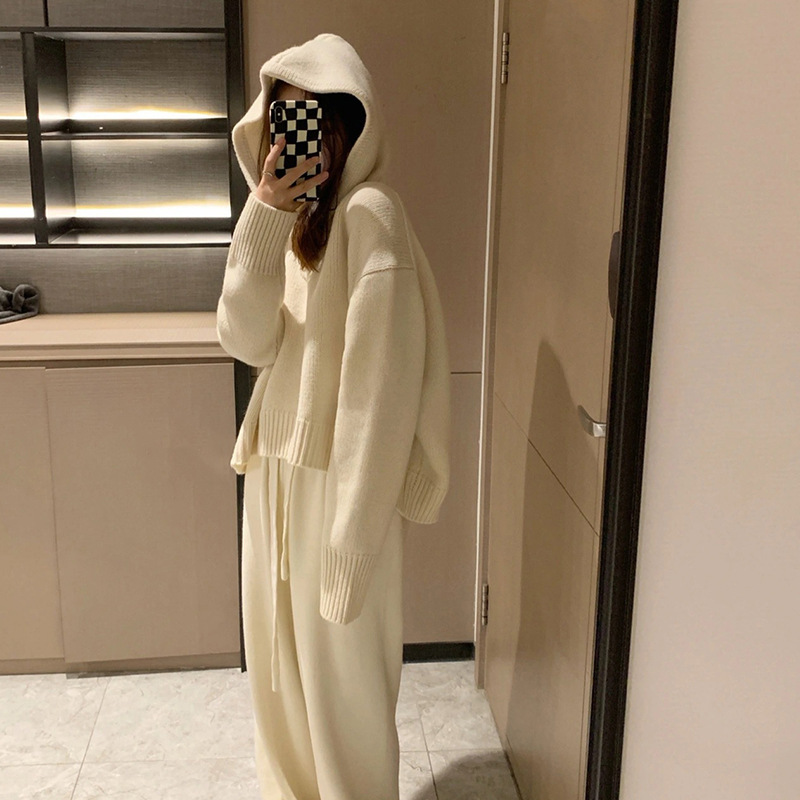 11995#休闲针织套装女秋冬2022年时尚穿搭连帽卫衣阔腿裤两件套