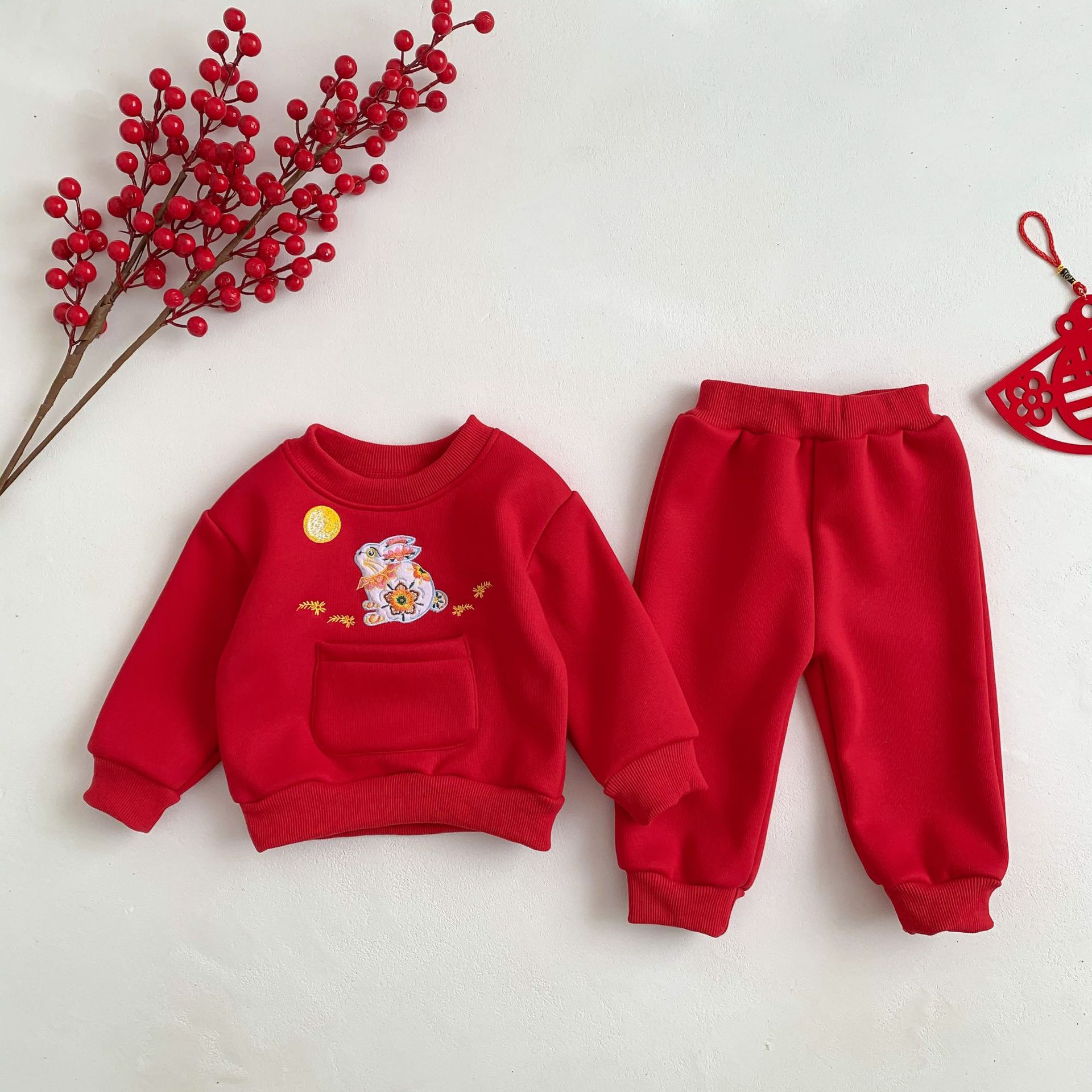 兔年婴儿衣服男女宝宝新年拜年服满月百天周岁礼服两件套装中国风