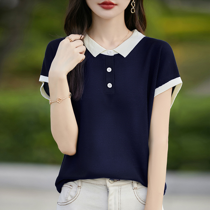 撞色翻领天丝莱赛尔针织小衫2024新款夏季女装短袖t恤女薄款上衣