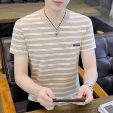 时尚潮流圆领短袖T恤男装夏季韩版帅气修身百搭条纹半截袖上衣服