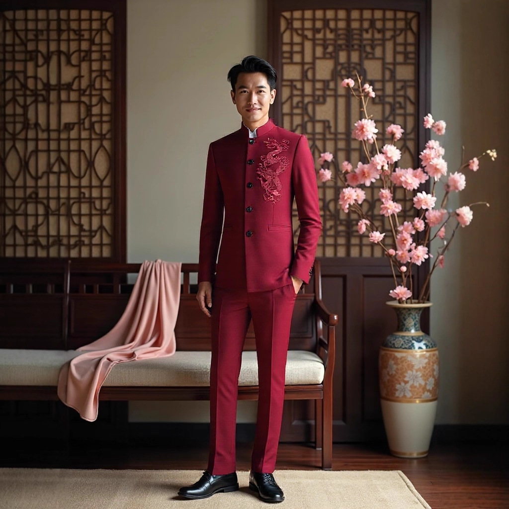 中山装男立领修身青年中国风龙纹西装男士套装休闲西服唐装套装