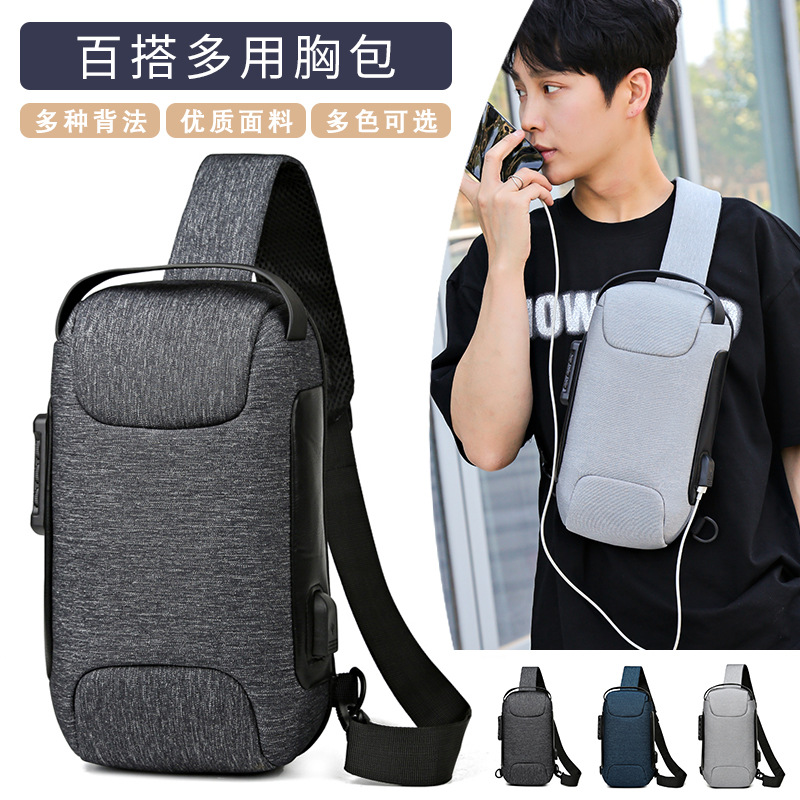 Men‘s Chest Bag Casual Messenger Bag Shoulder Bag Men‘s Chest Bag USB Charging Sports Motorcycle Bag