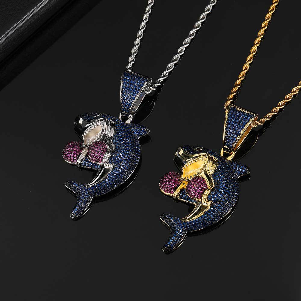 欧美嘻哈铜镶锆石拳击鲨鱼吊坠真金电镀boxingsharkpendant项链