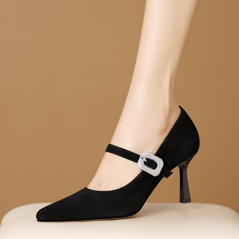 时尚性感黑色尖头高跟鞋女2024新款春秋翻皮法式一字扣带玛丽珍鞋