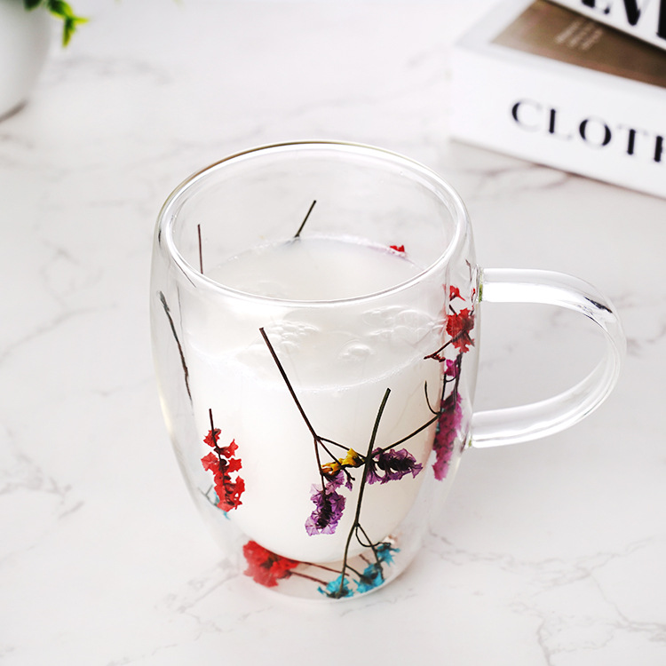 Export Wholesale Borosilicate Double Layer Dried Flower Cup High Temperature Resistant Flower Glass with Handle Ins Milk Fruit Tea Cup