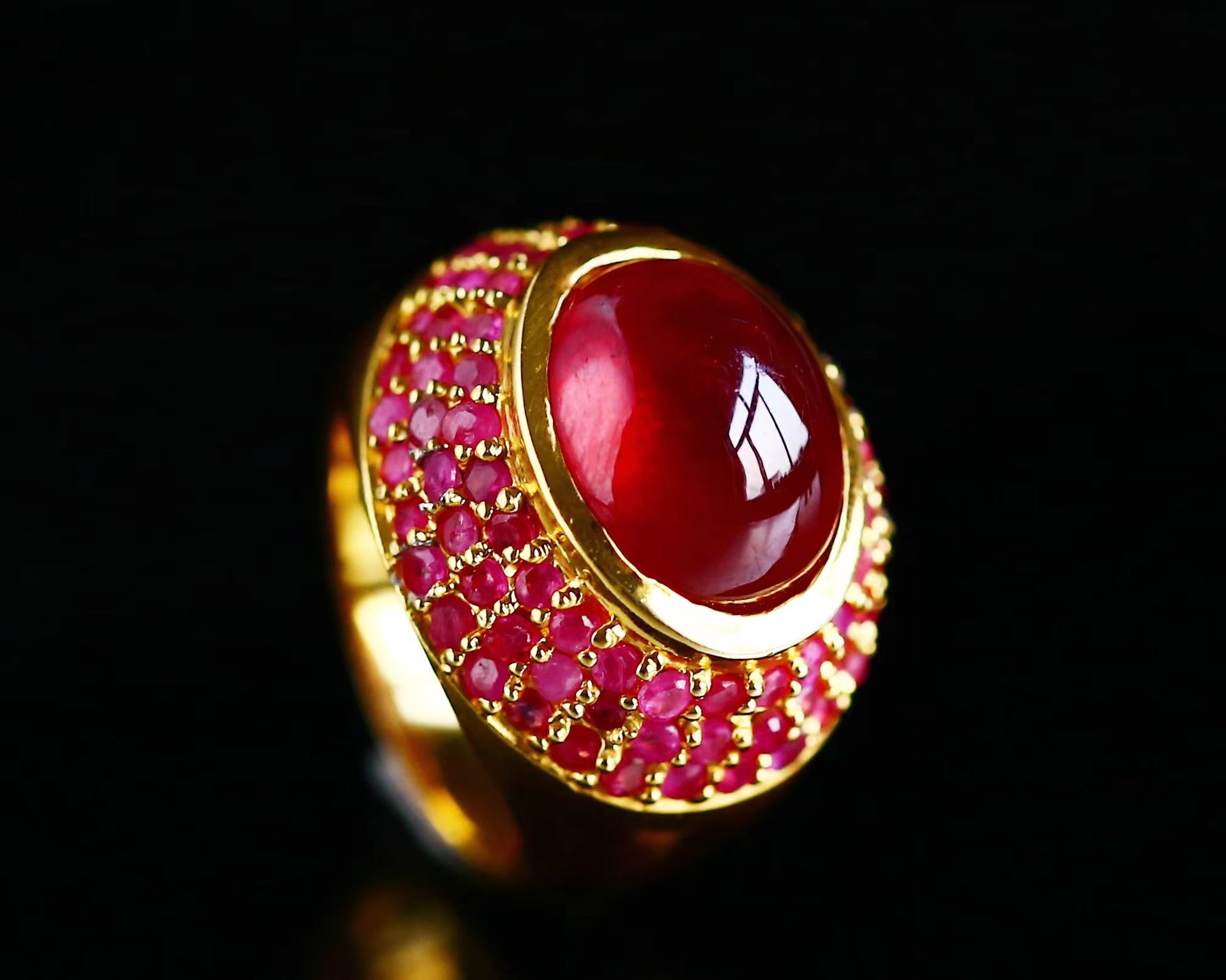 天然缅甸星光蛋面鸽血红红宝石镶嵌泰国鎏金珐琅彩工艺戒指指环