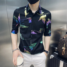 夏季衬衫男短袖彩色蝴蝶印花时尚五分袖衬衣韩版修身潮牌中袖寸衫
