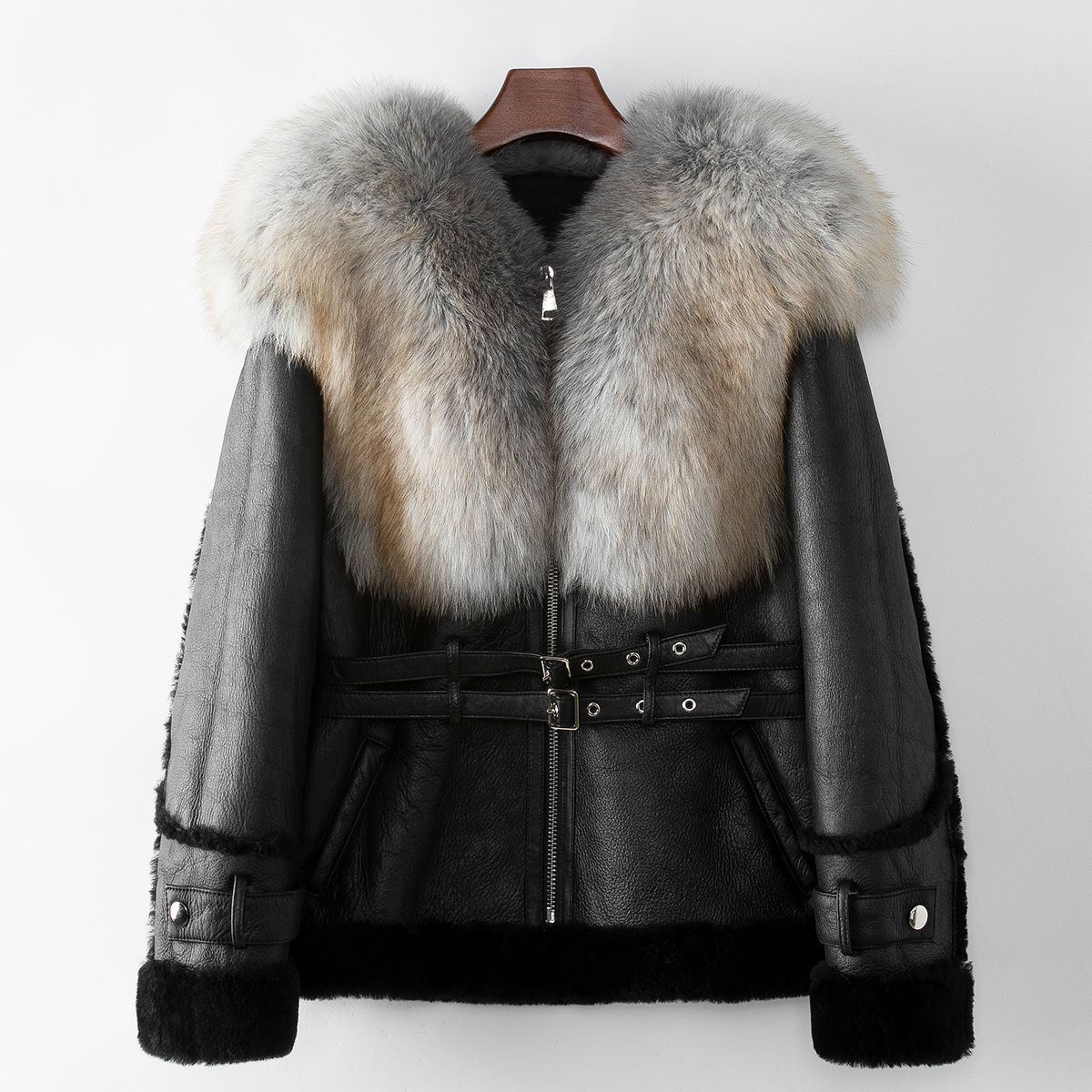 少量服饰2024春季新款海宁休闲狐狸毛领羊皮毛一体皮草外套大衣女