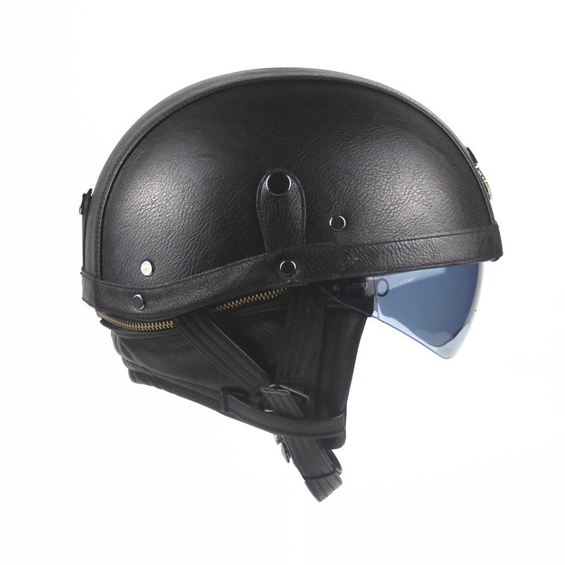 跨境复古皮革电动摩托车头盔个性带镜片半盔巡航机车安全盔哈雷盔