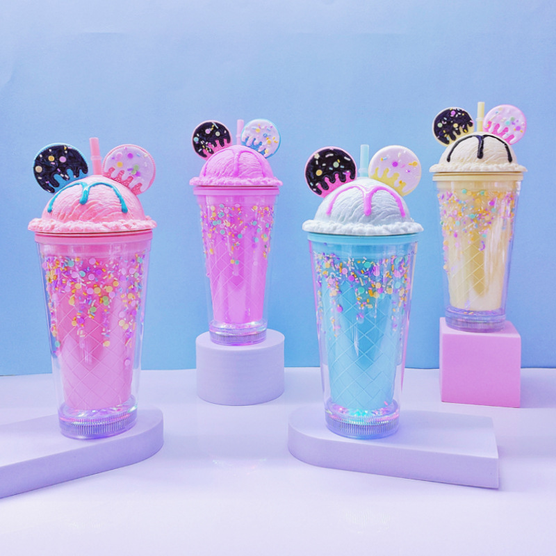 Cross-Border Factory Direct Supply Double Plastic Straw Cup Fashion Creative Mickey Cake Toast